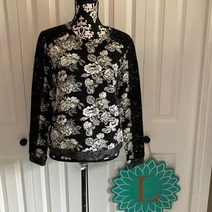 Black cream and and gray floral printed sweatshirt with black lace detail